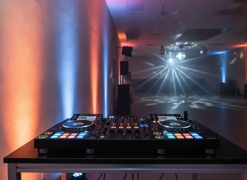 עמדת DJ מקצועית עם תאורה צבעונית לאירועי נוער ומשפחה