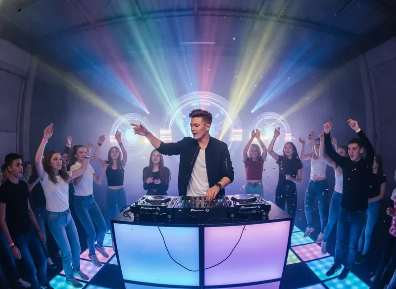 DJ מקצועי מנגן באירוע נוער עם תאורה צבעונית ואנרגטית