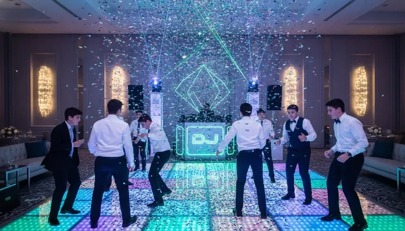 רחבת ריקודים בחגיגת בר מצווה עם תאורת ניאון ואפקטים מרהיבים