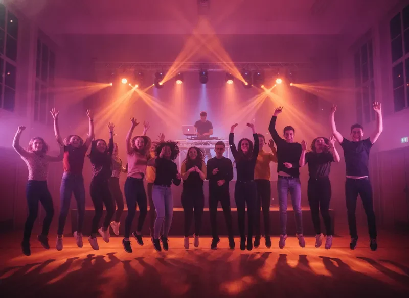 מסיבת כיתה תוססת עם תלמידים קופצים וצוחקים לצלילי המוזיקה